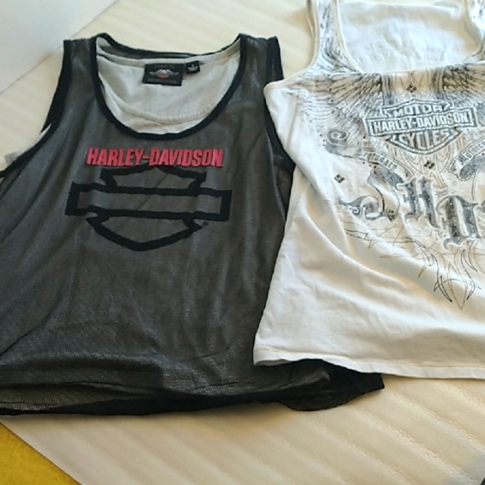 Harley-Davidson Black Mesh and White Graphic Tank Tops Women's M